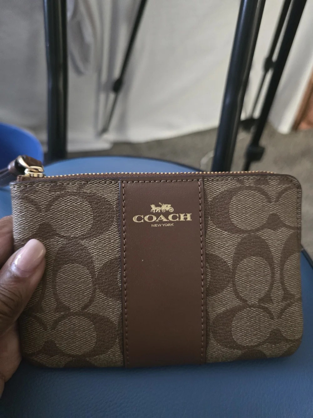 Coach Brown Signature Zip Card Case with Leather Trim